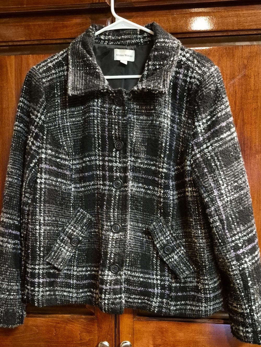 Studio Works Black White Plaid Textured Jacket Classic Collar Button Up Size 16